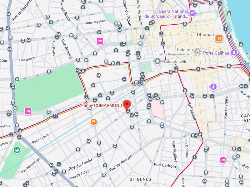 Plan Fanny COMARMOND Bordeaux : Localisation et Transports Plan de Bordeaux avec repère rouge sur Fanny COMARMOND, entouré des rues de Pessac et d'icônes de transports publics.