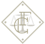 Logo en losange avec les initiales CEF entrelacées sur une balance de la justice, style sobre et professionnel beige.
